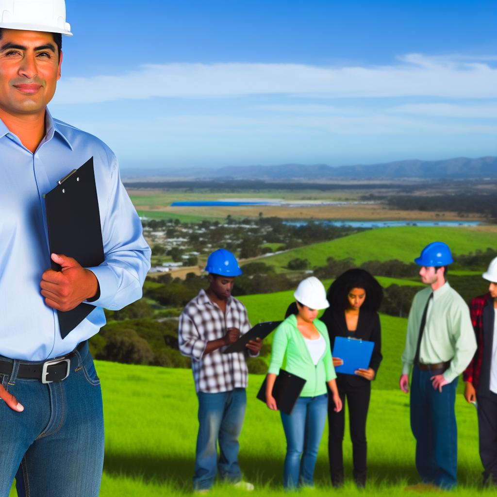 A man standing confidently on a lush green hill overlooking a vast landscape, with a clipboard in hand and a group of workers in the background.